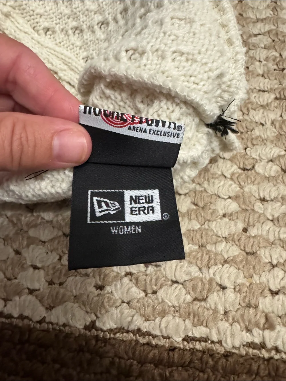 Cream Cable-Knit Pom Beanie with Red Wing Patch